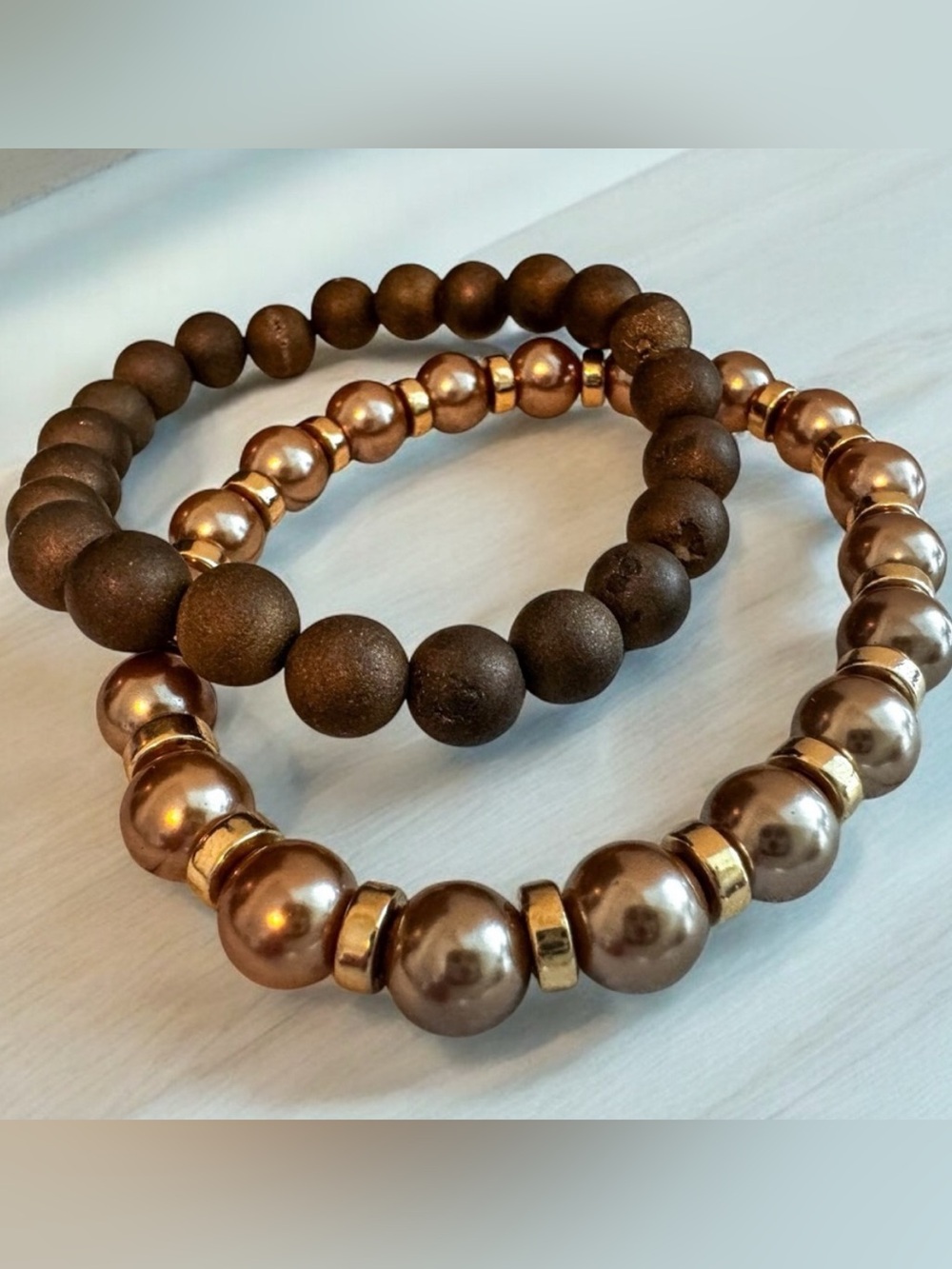 NEW | 2 Handmade Bronze Pearl and Brown Hematite StretchyBracelets - 7”